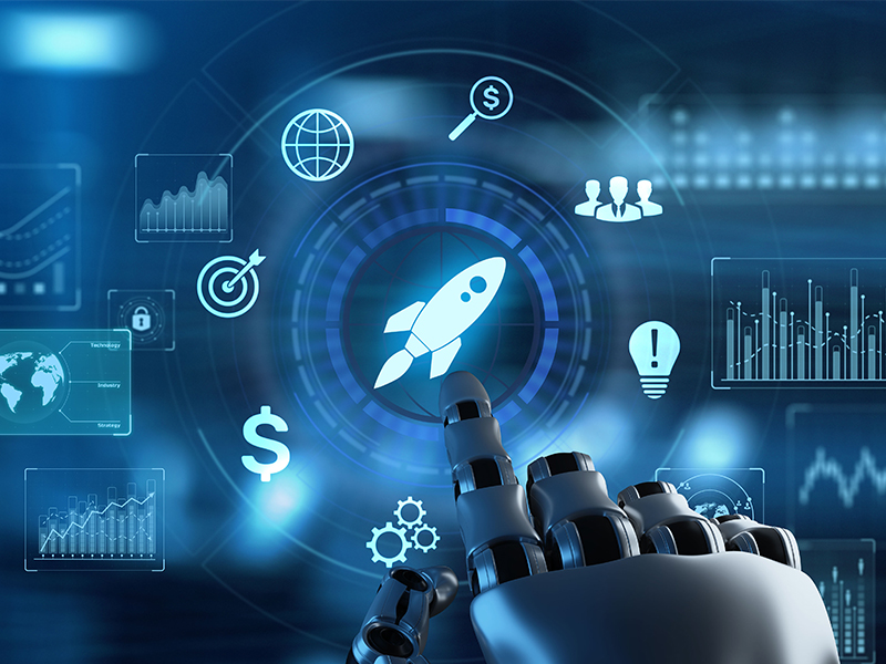 Startup Funding Investment Business Development concept. Robot hand pressing button.
